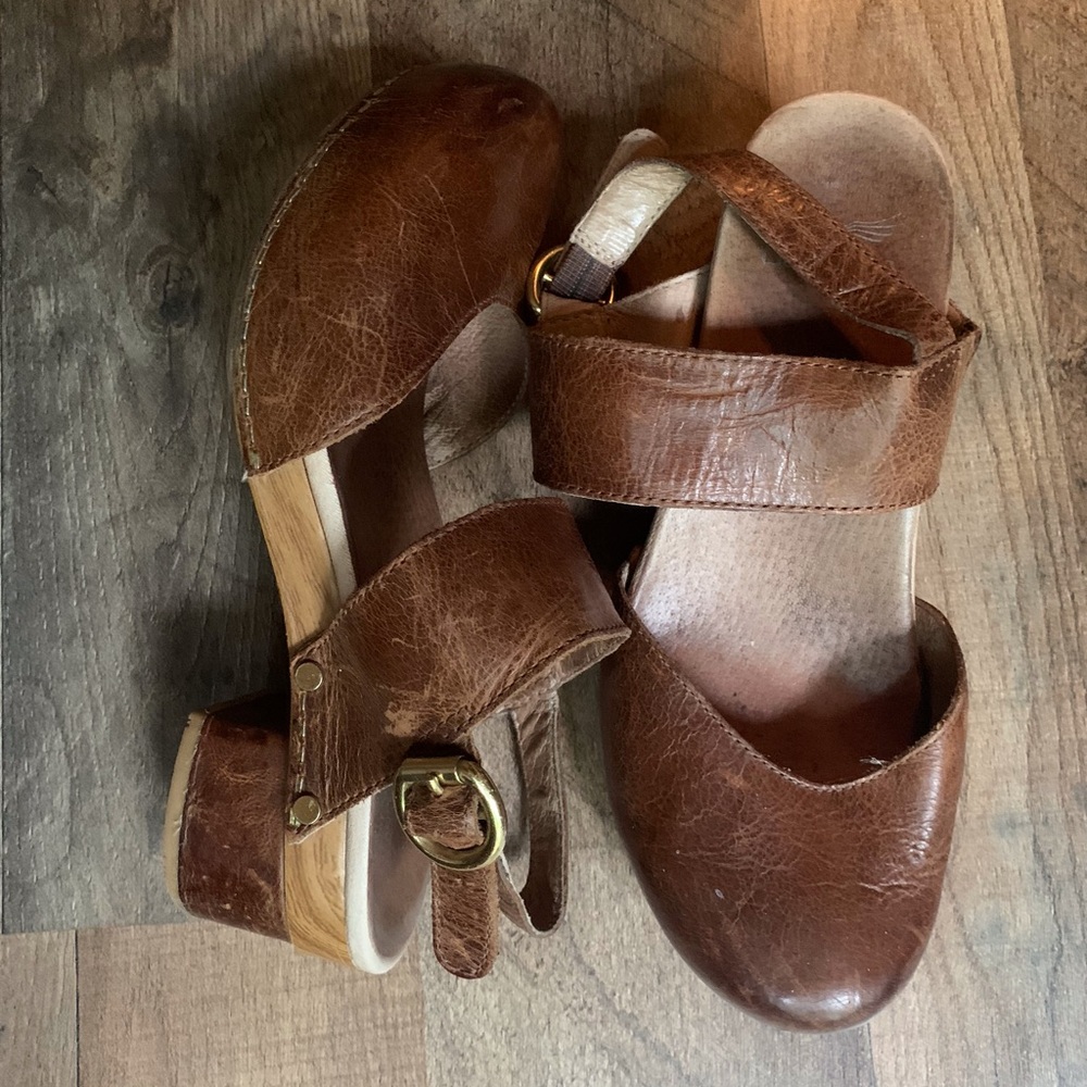 Brown Leather Dansko Heeled Strap Clogs
